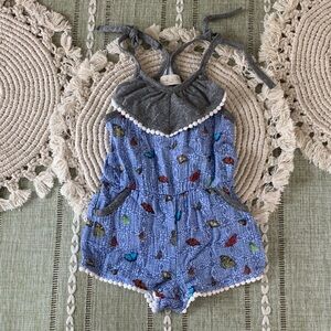 Miki Miette 24M Blue and Gray Romper with Pom-Pom